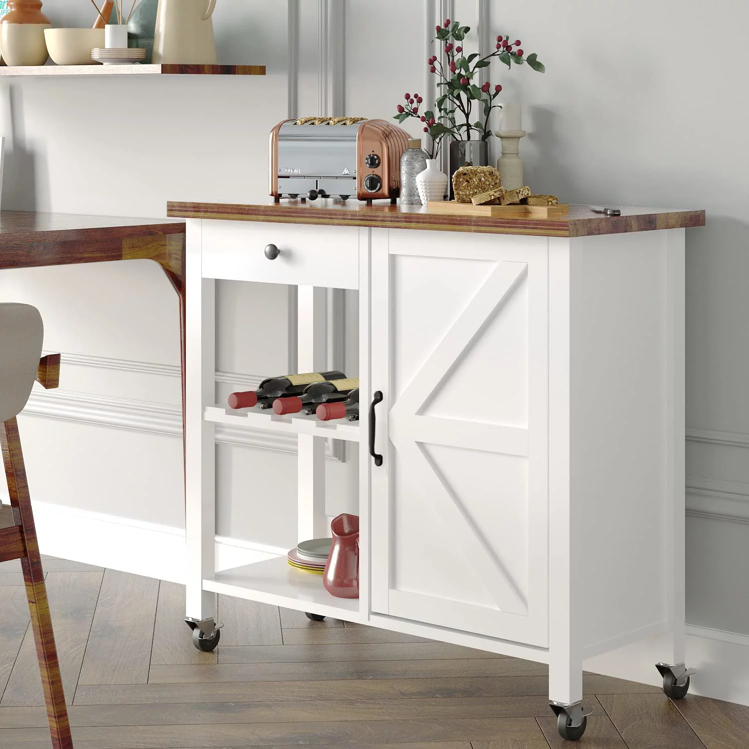 Catrimown Farmhouse Kitchen Island Cart with Storage. Rolling Kitchen Cart on Wheels. Microwave Stand. Coffee Cart. White