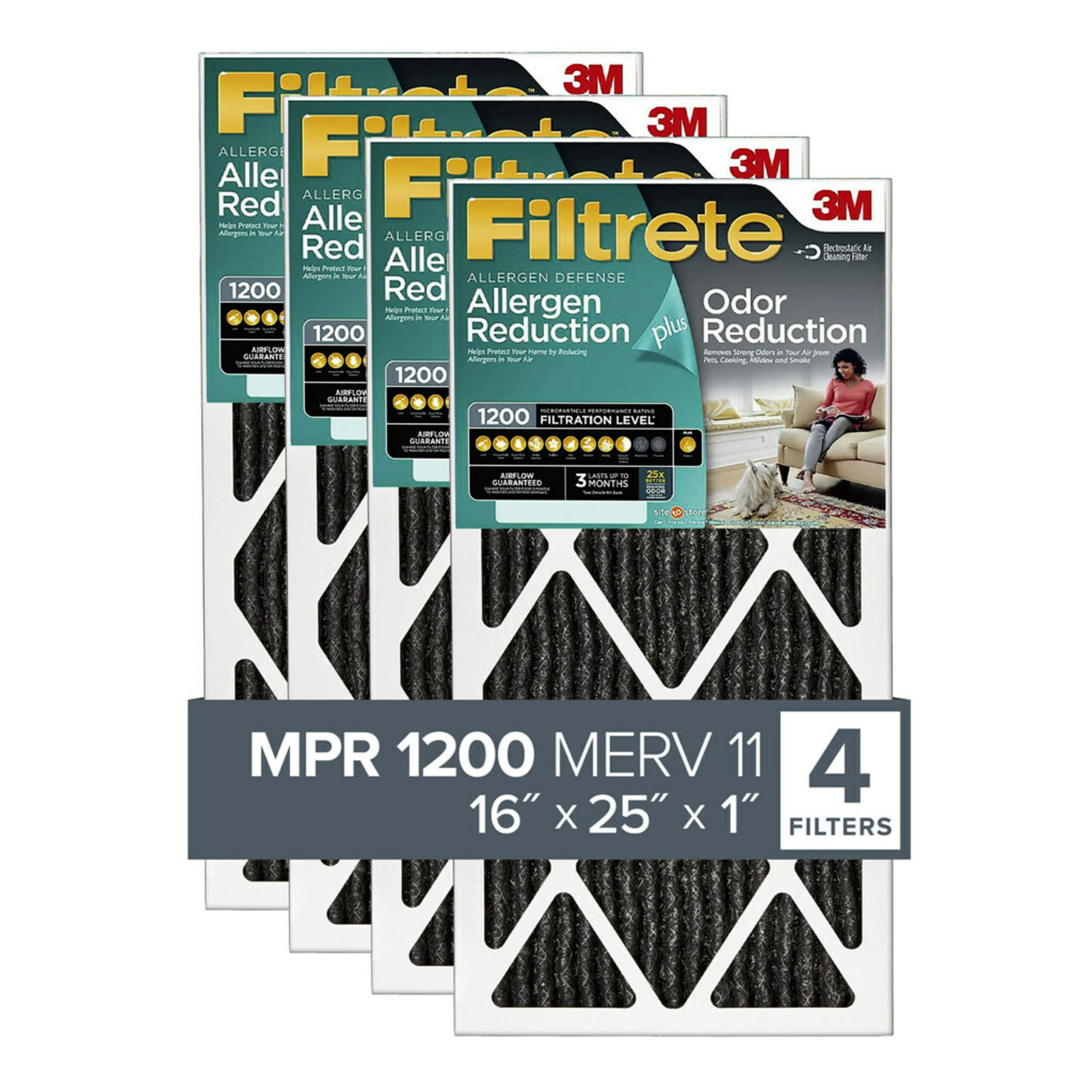 Filtrete by 3M 16x25x1. MERV 11. Allergen Plus Odor Reduction HVAC Furnace Air Filter. 1200 MPR. 4 Filters