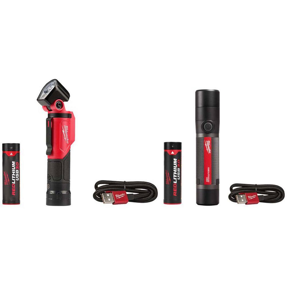 Milwaukee 2113-21-2160-21 500 Lumens LED Pivoting REDLITHIUM USB Flashlight & 800 Lumens LED USB Rechargeable HP Fixed Focus Flashlight (2-Pack)