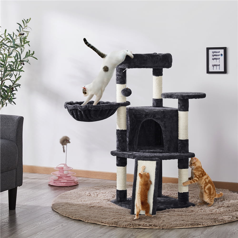 Easyfashion Professional Cat Tree Plush Tower with Basket for Small Kittens. Indoor. Black