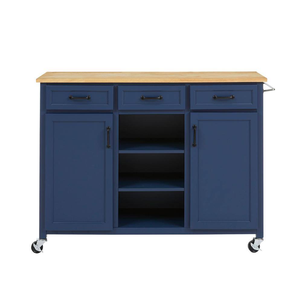 Home Decorators Collection  Midnight Blue Rolling Kitchen Cart with Butcher Block Top and Storage (48″ W)