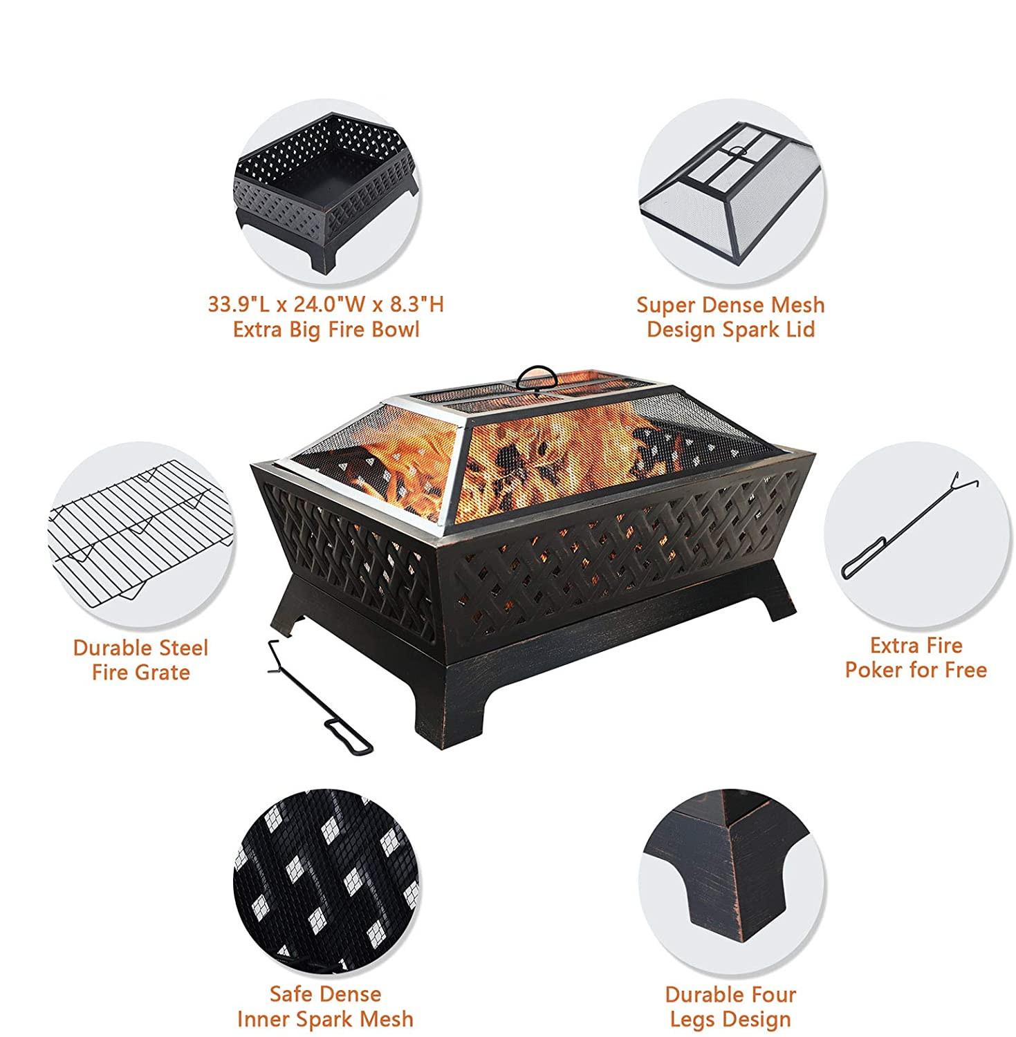 Sophia & William 34 x 26 Inch Retangular Wood Burning Bronze Fire Pit