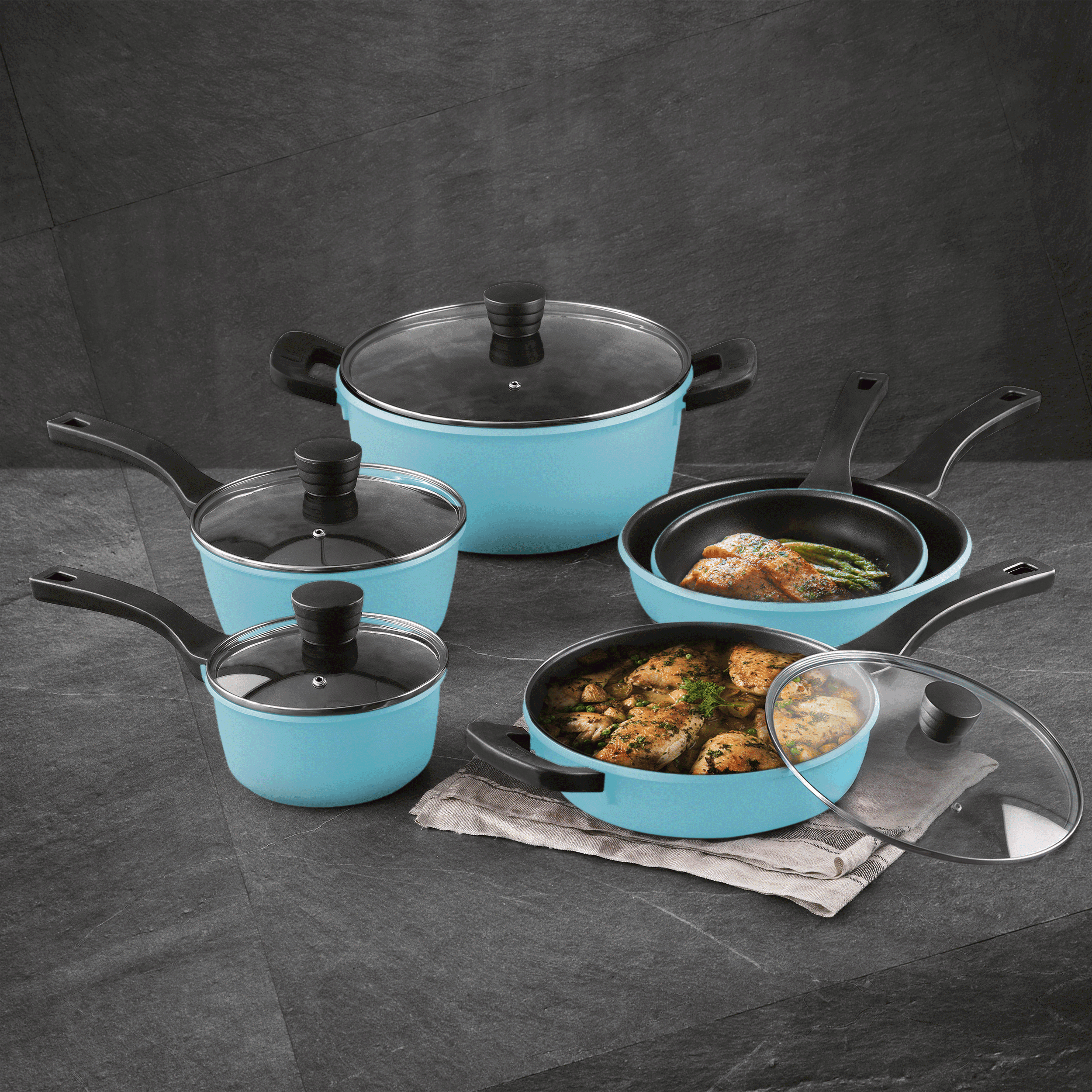 Retro by Bergner - 10 Pc Non Stick Cast Aluminum Pots and Pans Cookware Set. 10 Pieces. Blue