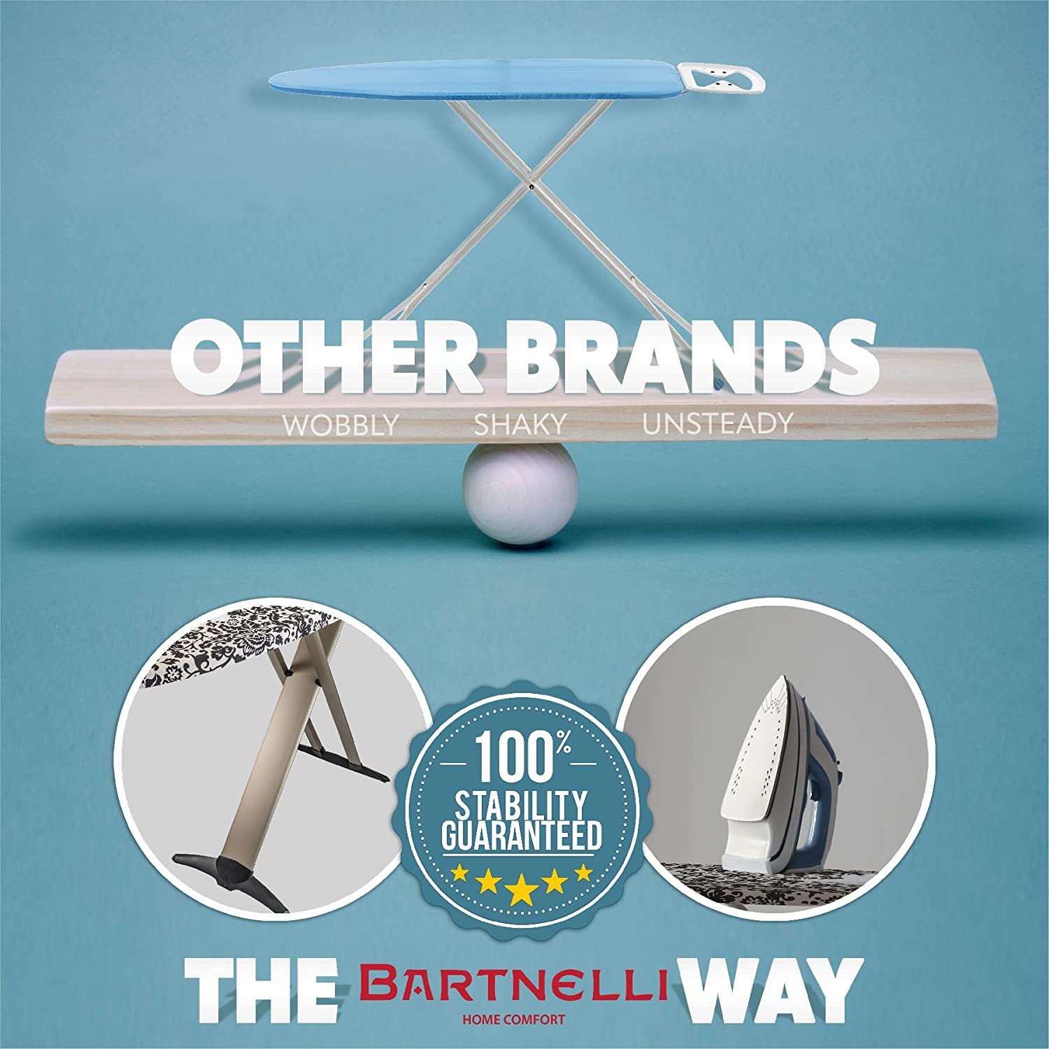 Bartnelli Pro Luxury Ironing Board - Extra Wide 51×19 Steam Iron Rest. Adjustable Height. T-Leg Foldable. European Made