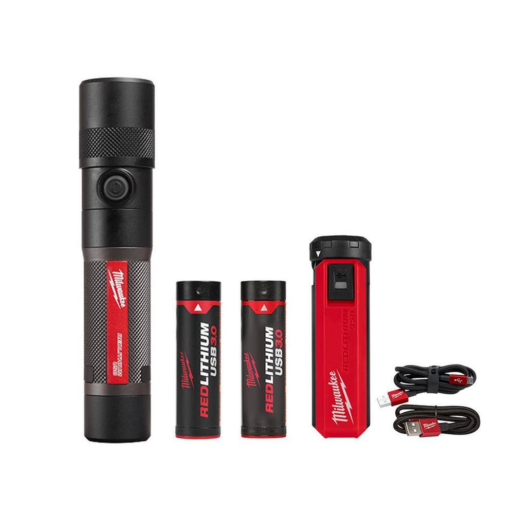Milwaukee 2161-21-48-59-2013 1100 Lumens LED USB Rechargeable Twist Focus Flashlight with REDLITHIUM USB Charger and Portable Power Source Kit