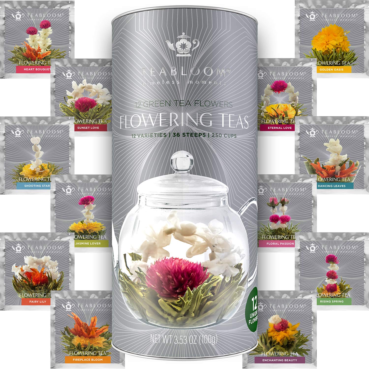 Teabloom Flowering Tea. 12 Unique Varieties of Fresh Blooming Tea Flowers 12-Pack