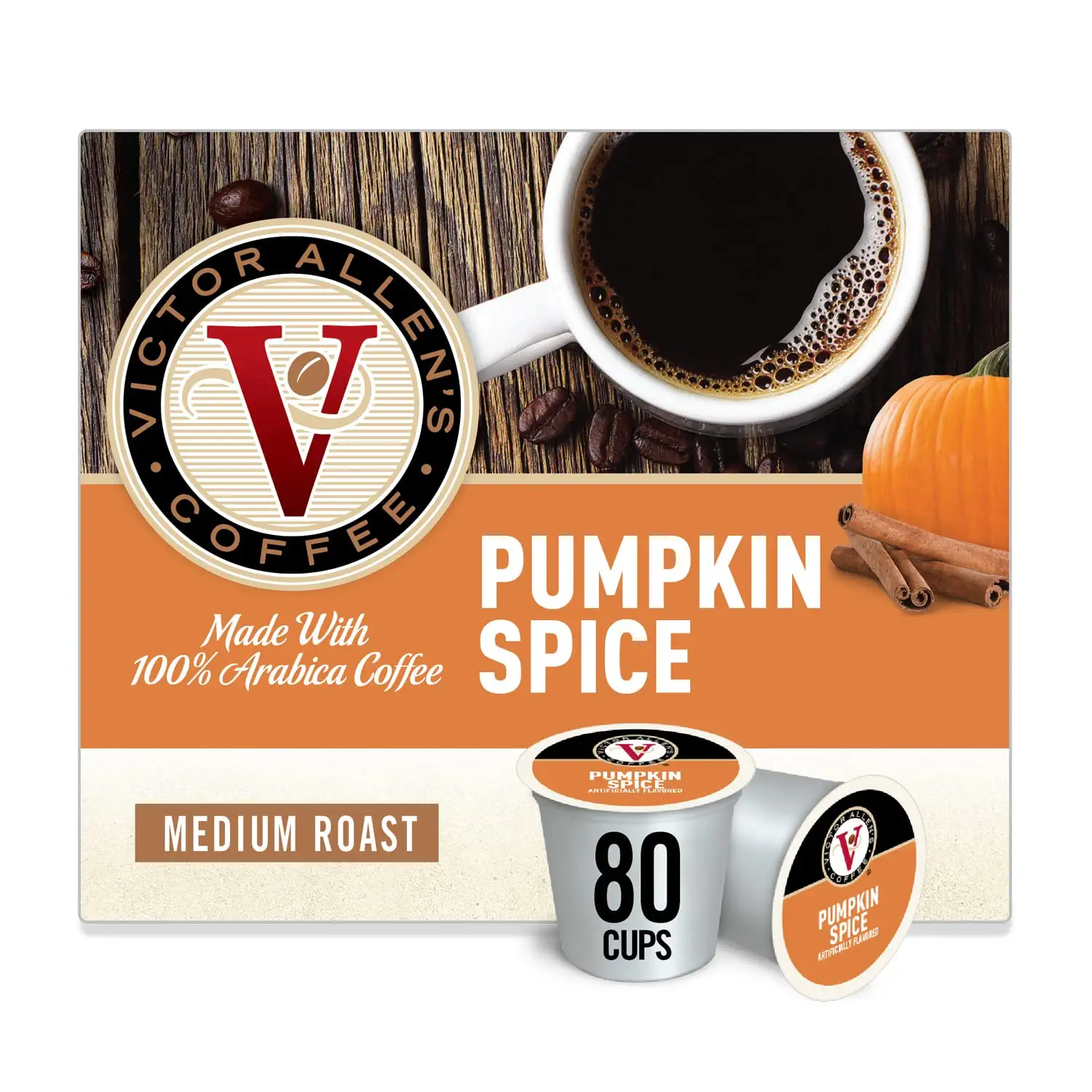 Victor Allen-s Coffee Pumpkin Spice Flavored Medium Roast 80 Count. Single Serve Coffee Pods for Keurig K-Cup Brewers