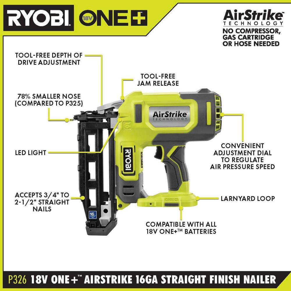 RYOBI P326 ONE+ 18V 16-Gauge Cordless AirStrike Finish Nailer (Tool Only)