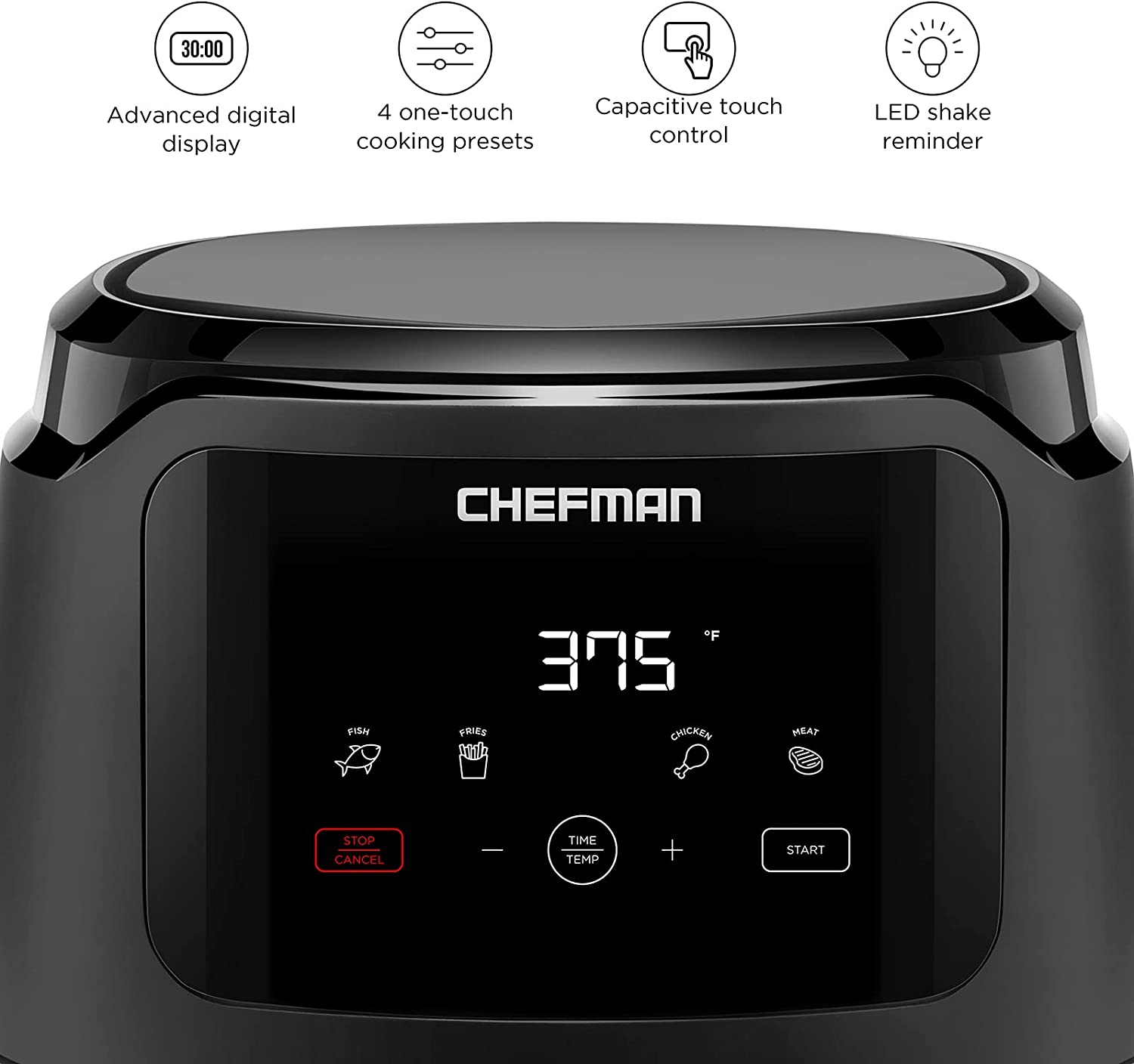 Chefman Digital Air Fryer. One-Touch Control. 4 Cooking Presets. Adjustable Time And Temperature. Fry With 98% Less Oil. LED Shake Reminder. Family Size. 5-Quart. Black