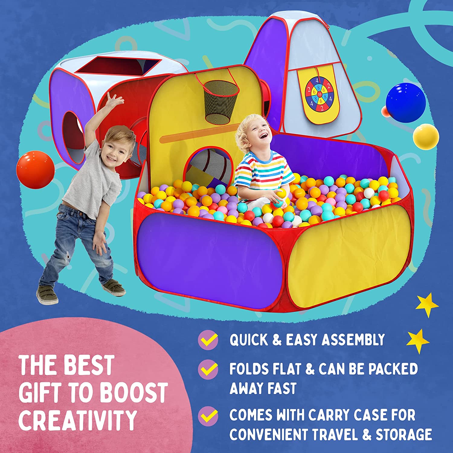 Playz 5pc Kids Playhouse Jungle Gym Ball Pit with Dart Board & 5 Sticky Balls - Fold Up Pop Up Tents. Tunnels & Basketball Pit Play Center for Boys. Girls. Baby. Toddlers w/ Travel Zipper Storage Bag