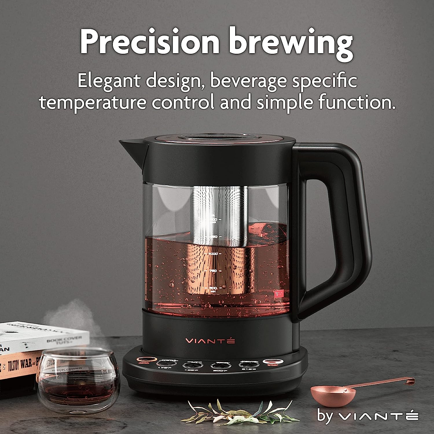 Vianté Hot Tea Maker Electric Glass Kettle with tea infuser and temperature control. Automatic Shut off. Brewing Programs for your favorite teas and Coffee. Black