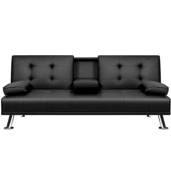 Black 66 in. Faux Leather Upholstered Convertible Folding Futon Sofa Bed 2 Cupholders