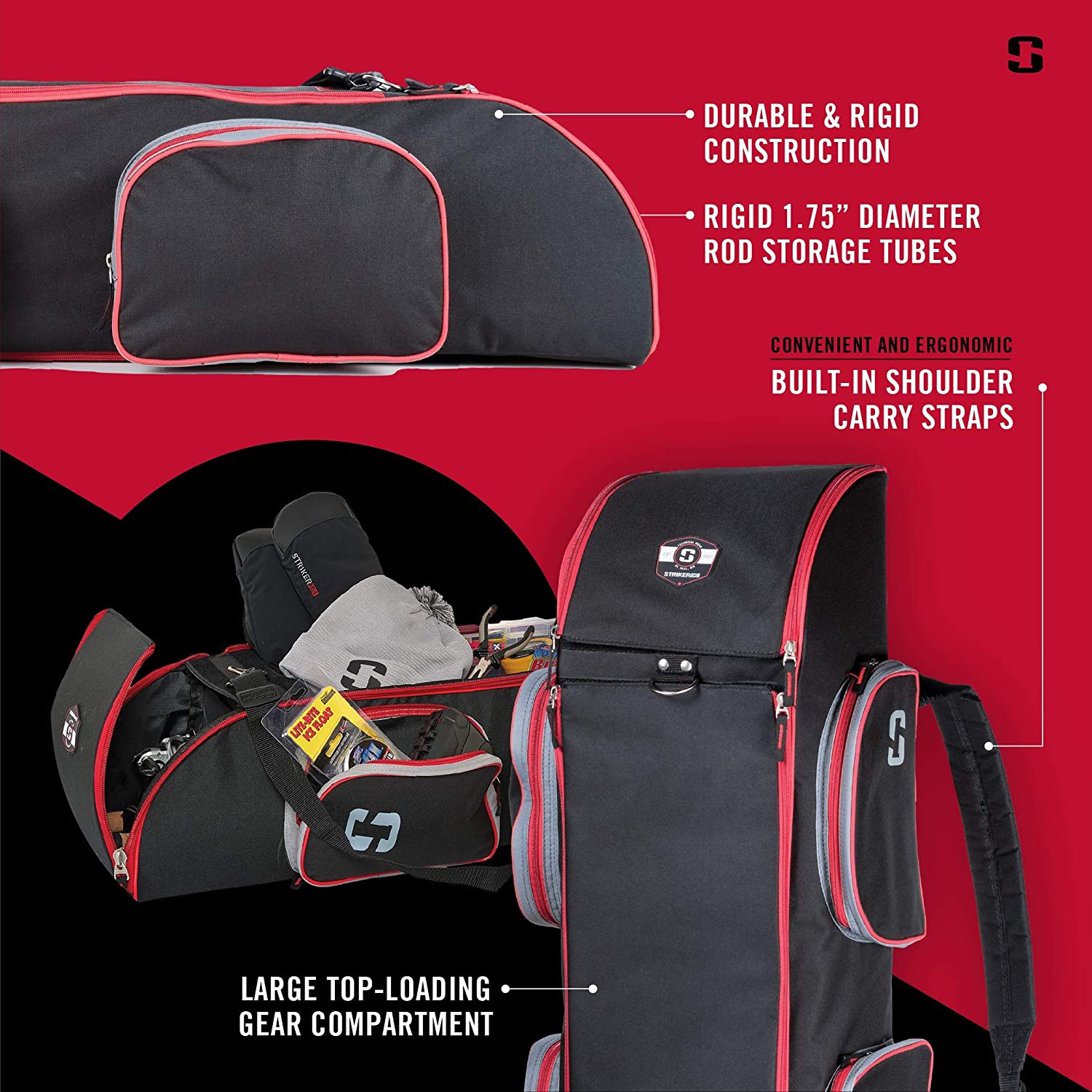 Striker ICE Transporter. Ice Fishing Rod Case. Portable and Protective Fishing Equipment Case. Holds up to Five 36-Inch Ice Rods. Black