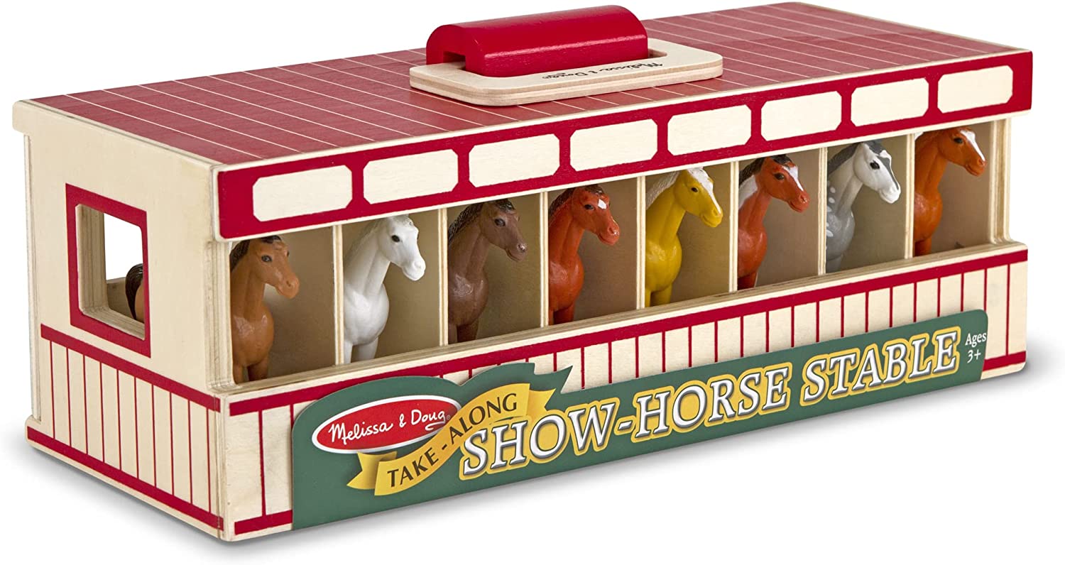 Melissa & Doug Take-Along Show-Horse Stable PlaySet With Wooden Stable Box and 8 Toy Horses