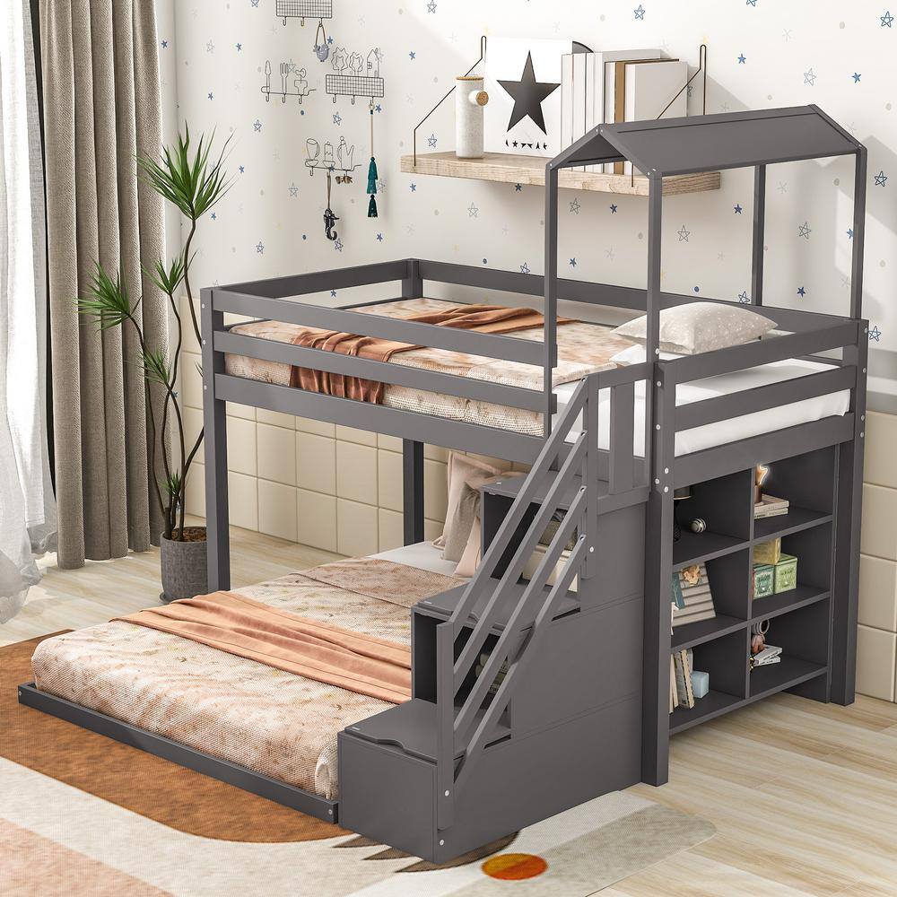 Harper & Bright Designs  Gray Twin over Full House Roof Bunk Bed with Staircase and Shelves