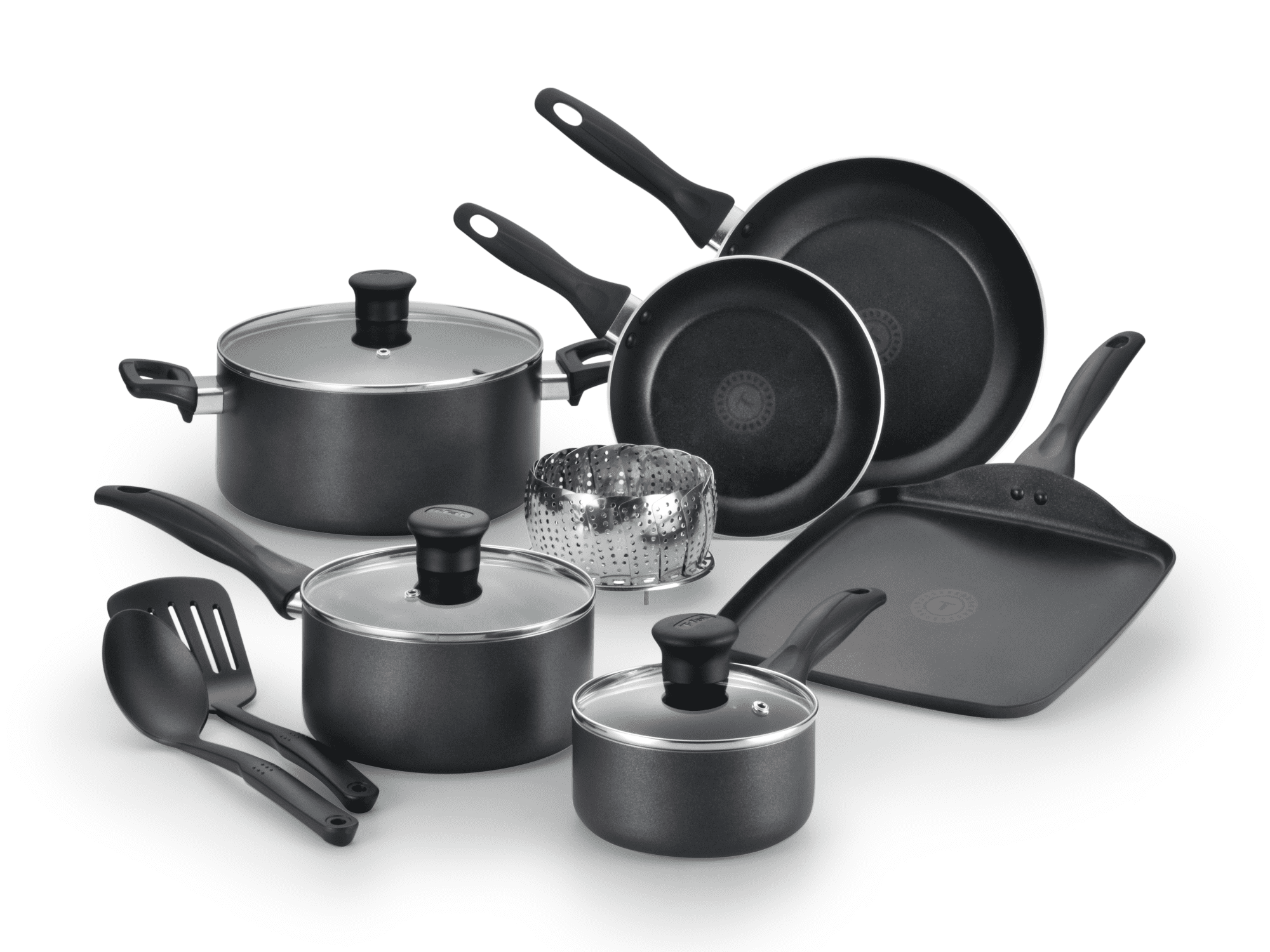 T-fal Easy Care Nonstick Cookware. 12 piece Set. Thermo-spot and Dishwasher Safe. Black
