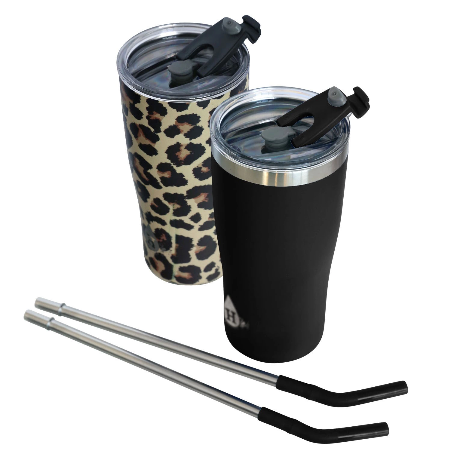 Heritage 20 oz. Double Wall Stainless Steel Tumbler. Set of 2. Black/Leopard