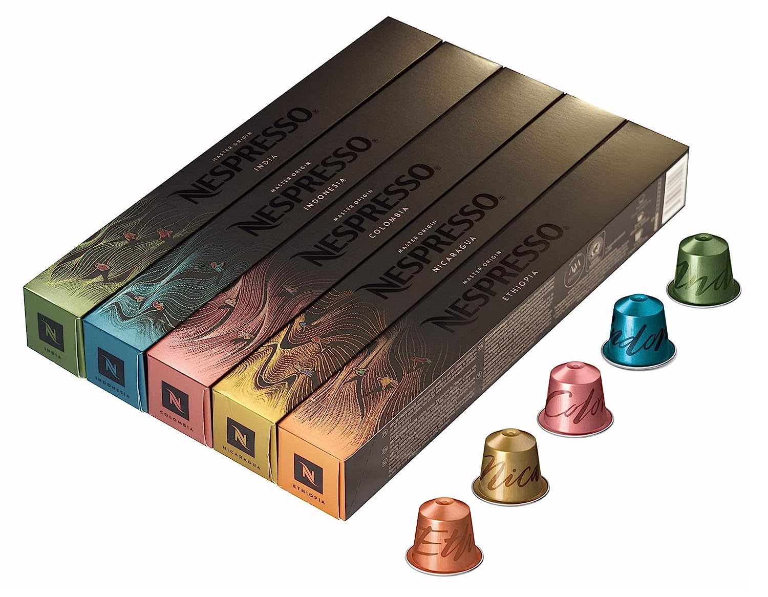 European Version Nespresso OriginalLine Master Origin Variety: Colombia. Ethiopia. India. Indonesia. Nicaragua. 50 Capsules