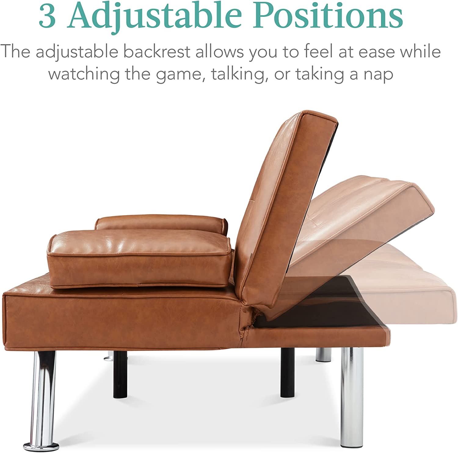 Best Choice Products Faux Leather Upholstered Modern Convertible Folding Futon Sofa Bed for Compact Living Space. Apartment. Dorm. Bonus Room w/Removable Armrests. Metal Legs. 2 Cupholders - Tan