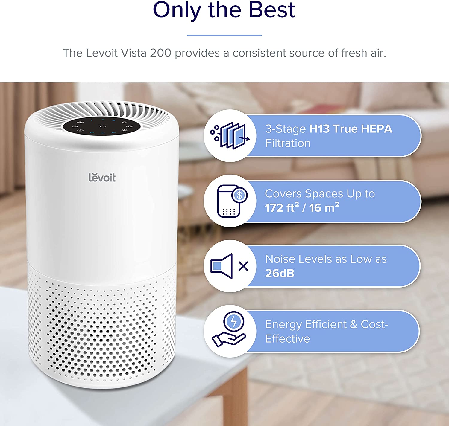 LEVOIT Air Purifiers for Home Allergies and Pets Hair. H13 True HEPA Filter. Quiet Filtration System in Bedroom. Removes Wildfire Smoke Odor Dust Mold. Night Light & Timer. Vista 200 . White