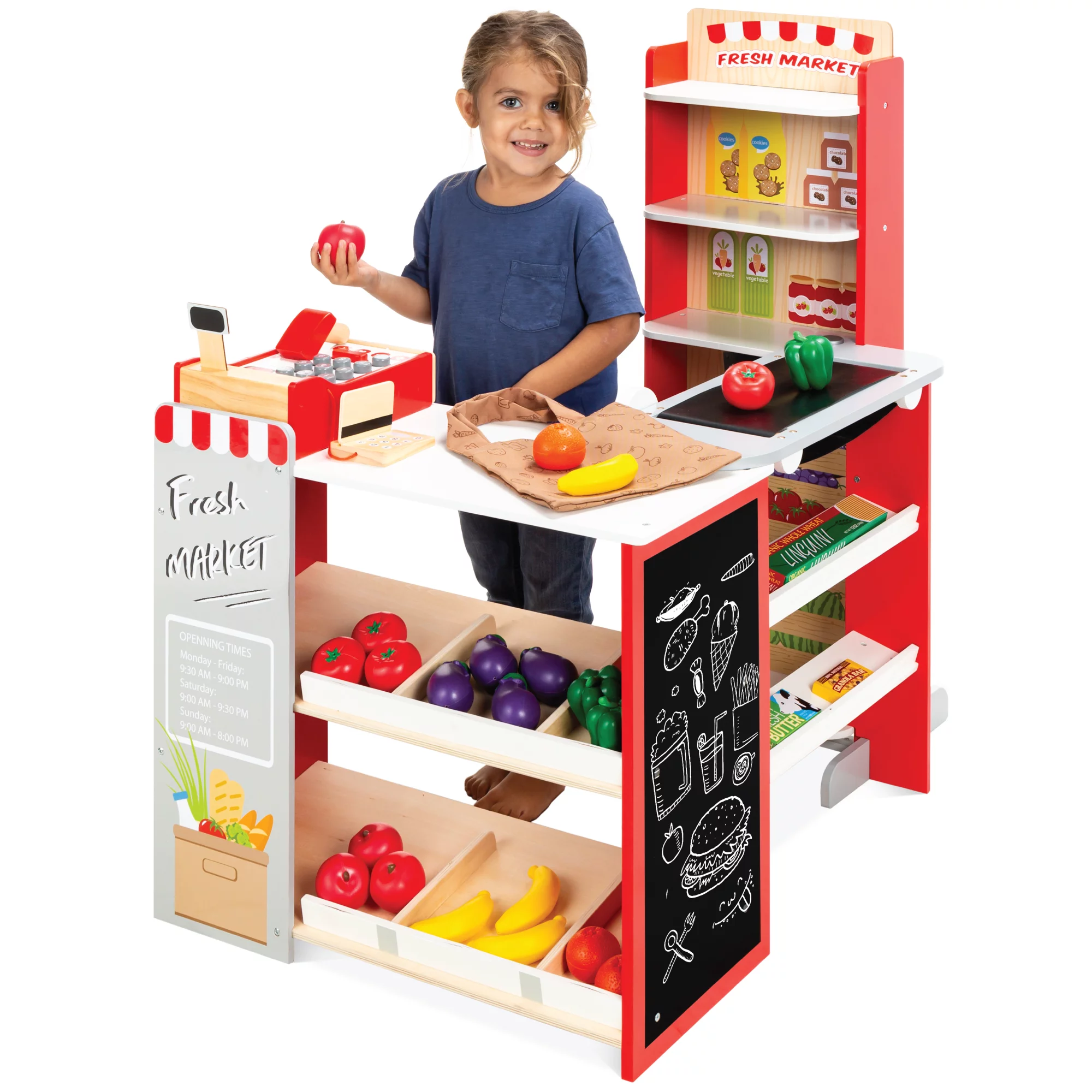 Best Choice Products Kids Pretend Play Grocery Store Wooden Supermarket Toy Set w/ Play Food. Chalkboard. Cash Register