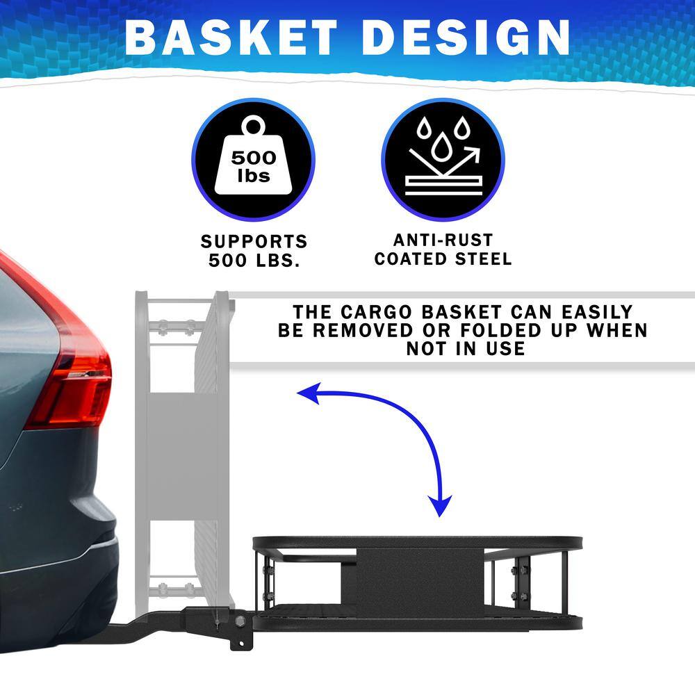 Mockins NA-26 500 lbs. Capacity Hitch Mount Cargo Carrier Set with Folding Shank and 2 in. Raise. Cargo Bag. Net. Straps. Locks - Blue