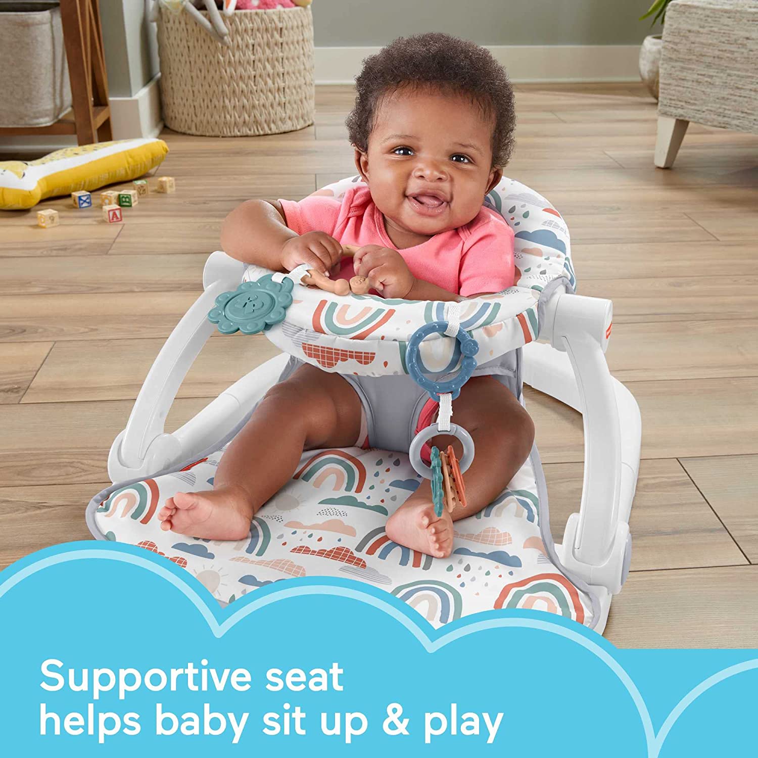 Fisher-Price Portable Baby Chair Sit-Me-Up Floor Seat with 2 Developmental Toys. Rainbow Showers