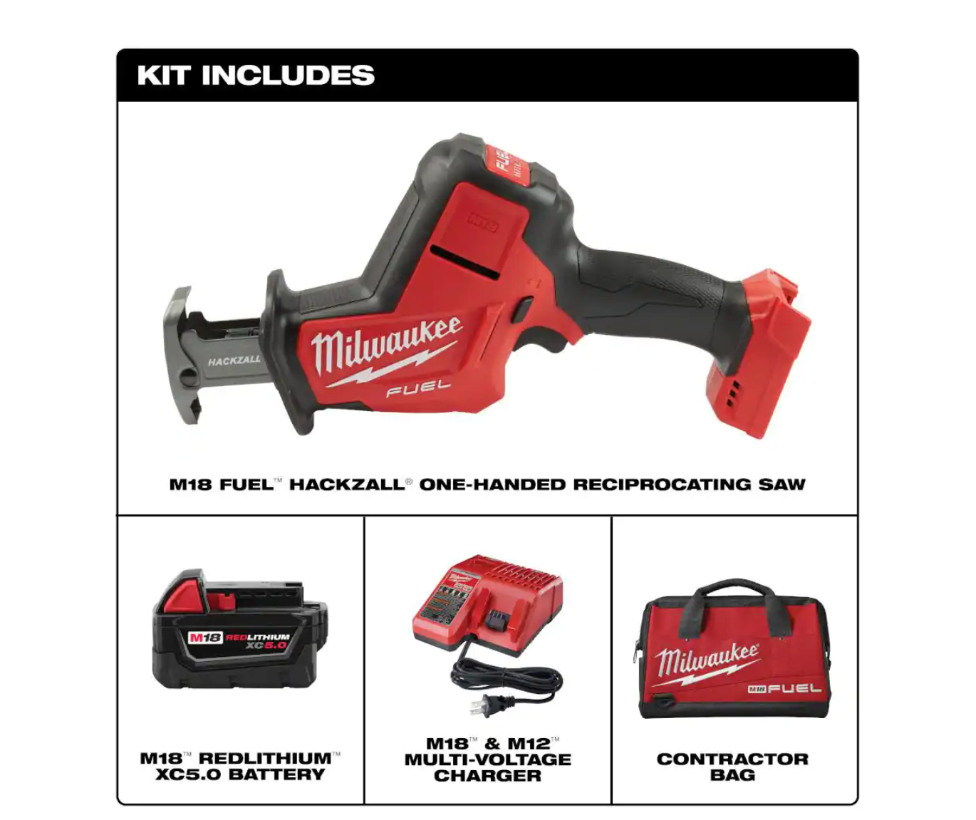 Milwaukee 2719-21 M18 FUEL 18V Lithium-Ion Brushless Cordless HACKZALL Reciprocating Saw Kit W/(1) 5.0Ah Batteries. Charger & Tool Bag