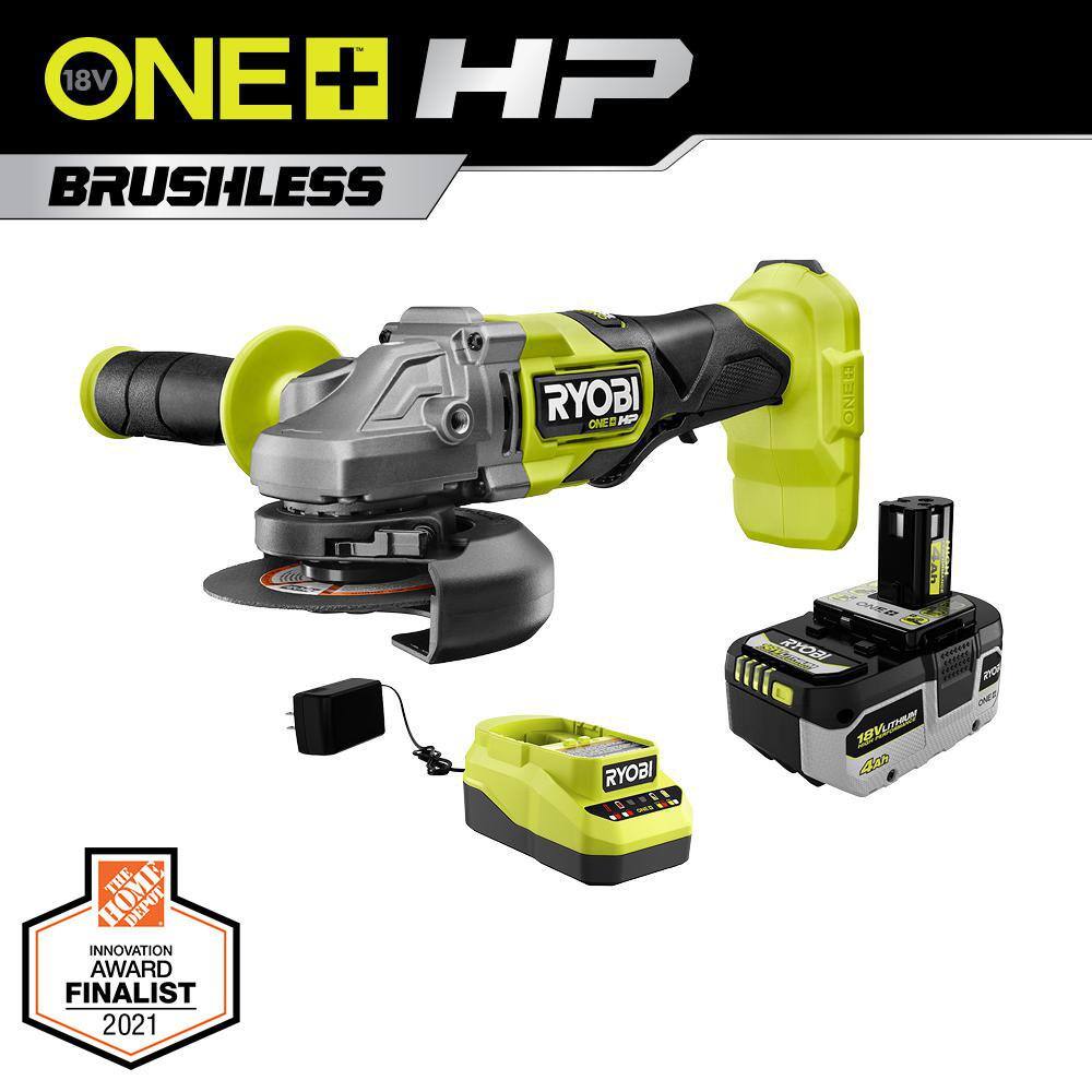 RYOBI PBLAG01K1 ONE+ HP 18V Brushless Cordless 4-1/2 in. Angle Grinder Kit with 4.0 Ah HIGH PERFORMANCE Battery and Charger
