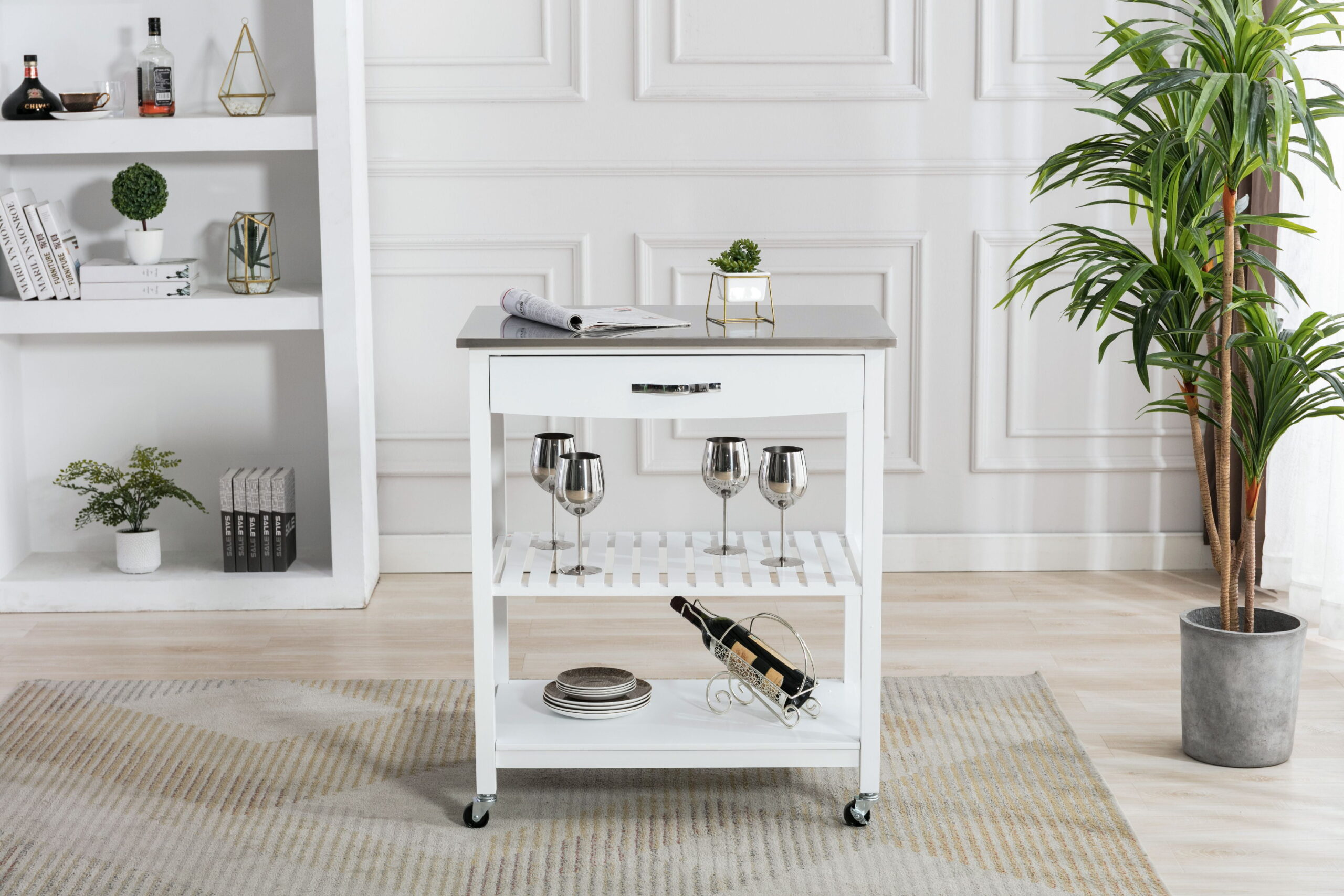 Boraam Holland Wood Kitchen Cart with Stainless Steel Top. White Finish