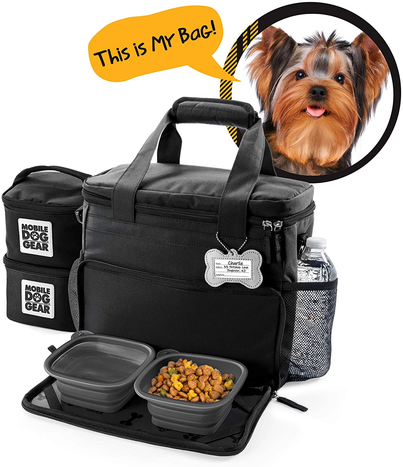 Mobile Dog Gear. Week Away Dog Travel Bag for Small Dogs. Includes Lined Food Carriers and 2 Collapsible Dog Bowl. Black. Meets Airline Requirements