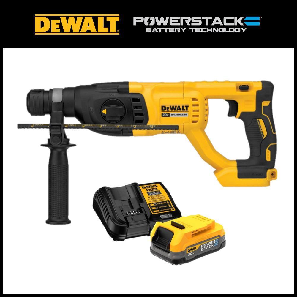 DEWALT DCH133BWP034C 20V MAX Cordless Brushless 1 in. SDS Plus D-Handle Rotary Hammer and 20V POWERSTACK Battery Starter Kit