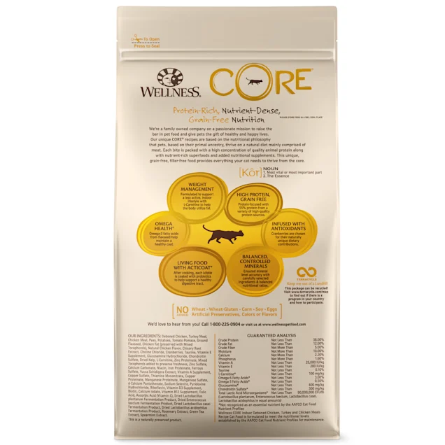 Wellness CORE Natural Grain Free Chicken & Turkey Dry Indoor Cat Food. 5-Pound Bag