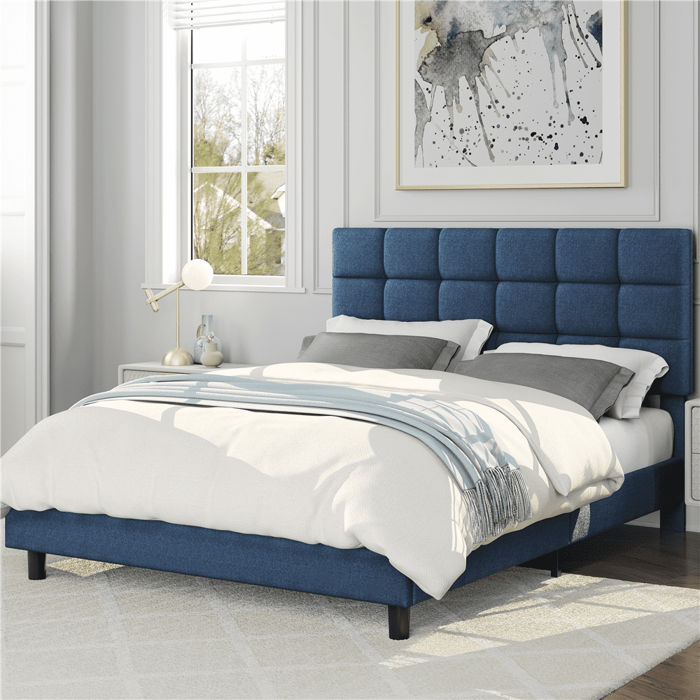 Alden Design Upholstered Tufted Platform Full Bed. Navy Blue