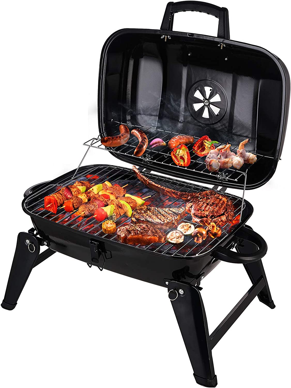 CUSIMAX Charcoal BBQ Grill. Portable Small Grills and Smokers Folding Tabletop Grills. for Camping Patio Backyard and Anywhere Outdoor Cooking. 18-Inch. Black