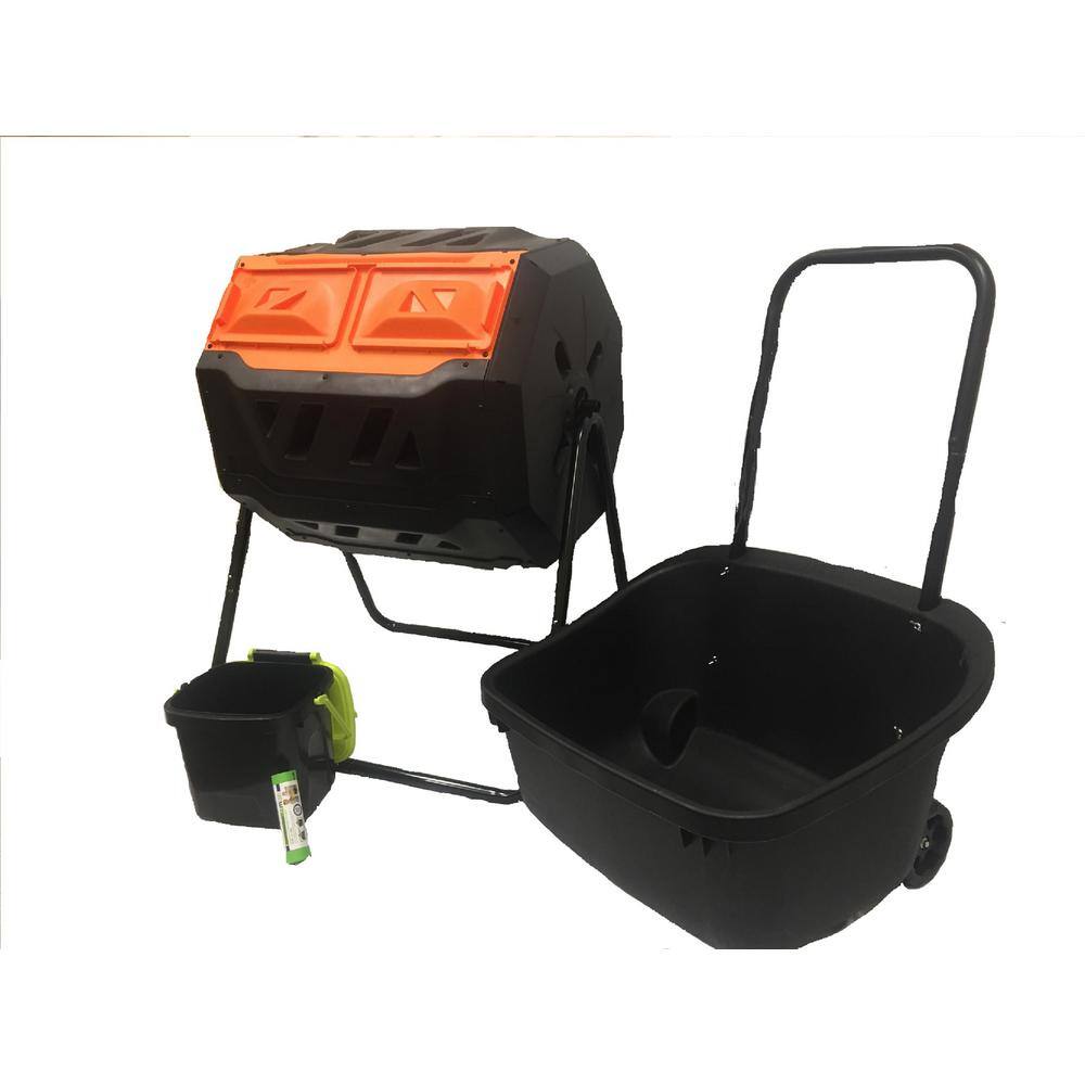 GENESIS GEN-C42-OR-C-HD 42 Gal. Dual Compost Tumbler Combo with Compost Cart. 1.85 Gal. Kitchen Caddie Compost Bin and 4 Rolls of Corn Bags