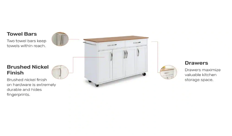 HOMESTYLES Brookshire White Kitchen Cart with Natural Wood Top
