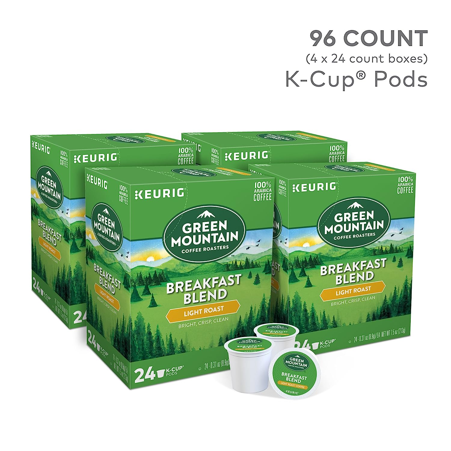 Green Mountain Coffee Roasters Breakfast Blend Single-Serve Keurig K-Cup Pods. Light Roast Coffee. 24 Count (Pack of 4)