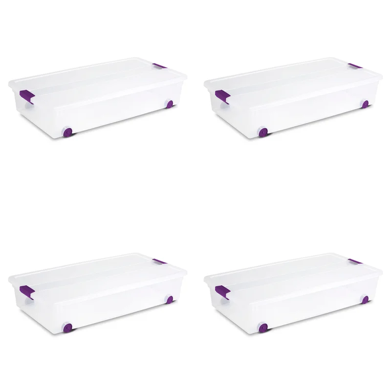 Sterilite 17611704 60 Quart/57 Liter ClearView Latch Wheeled Underbed Box. Clear Lid and Base with Sweet Plum Latches and Wheels. 4-Pack