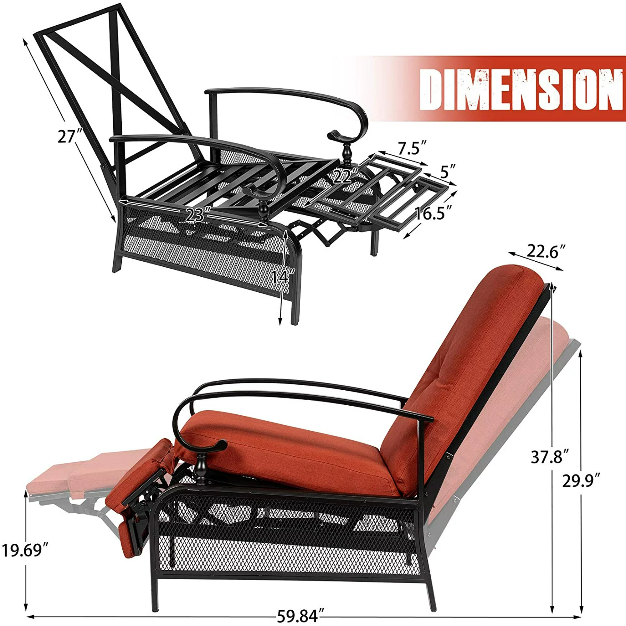 SUNCROWN Outdoor Patio Recliner Metal Adjustable Lounge Chair with Red Cushion