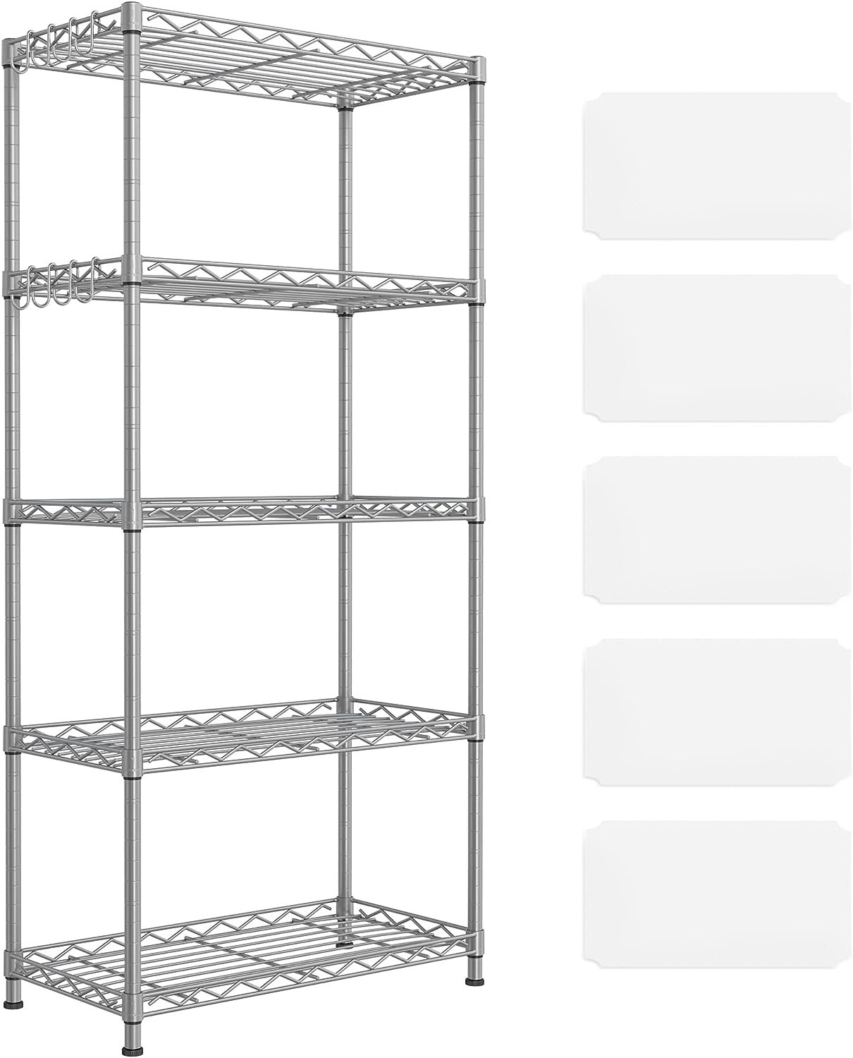 SONGMICS Kitchen Shelf. Metal Shelves. 5-Tier Wire Shelving Unit with 8 Hooks. Narrow Storage Rack with PP Shelf Liners. Height-Adjustable. for Bathroom. Pantry. Silver ULGR065E01