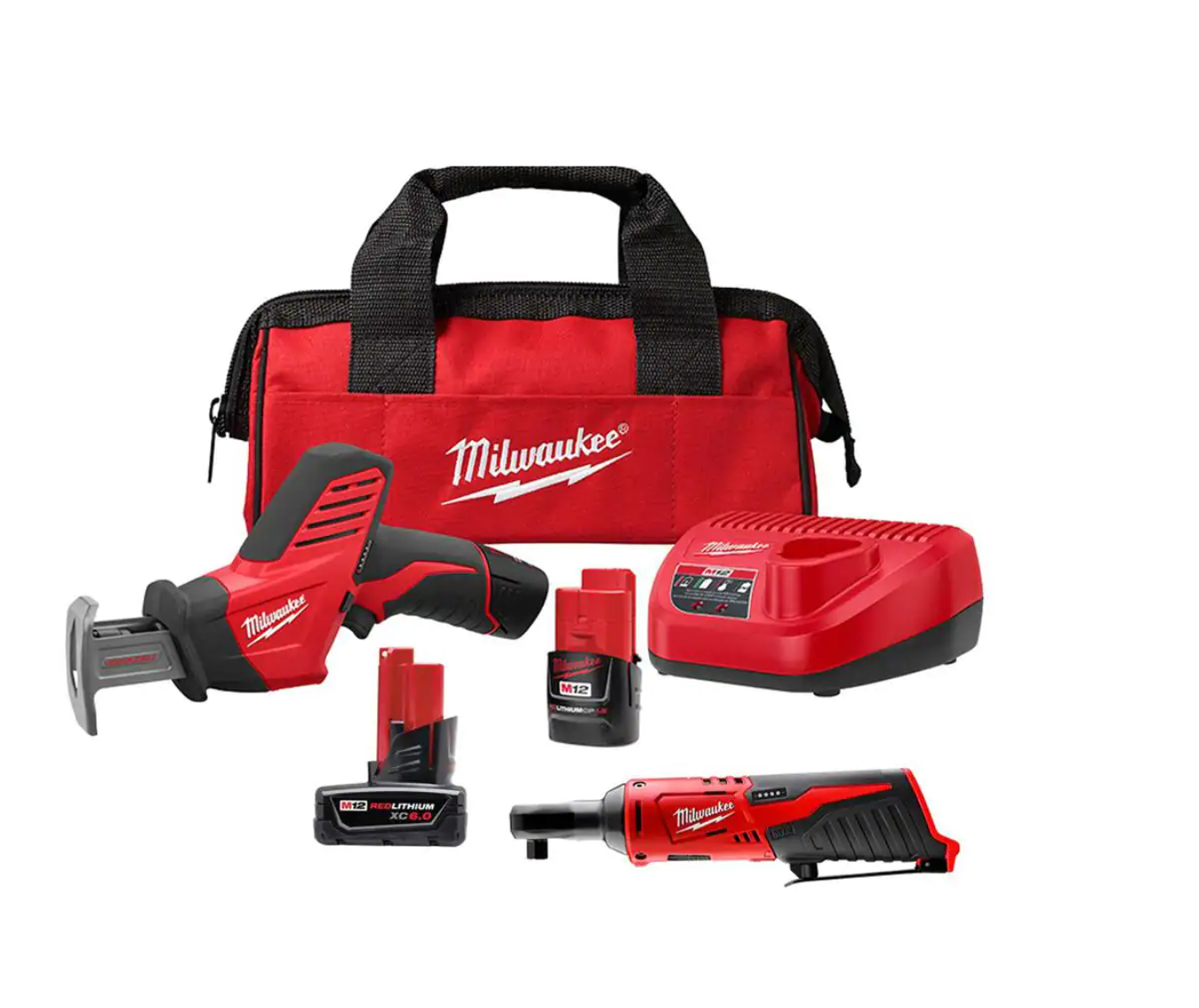 Milwaukee 2420-21-2457-20-48-11-2460 M12 12V Lithium-Ion HACKZALL Cordless Reciprocating Saw Kit with M12 3/8 in. Ratchet and 6.0 Ah XC Battery Pack