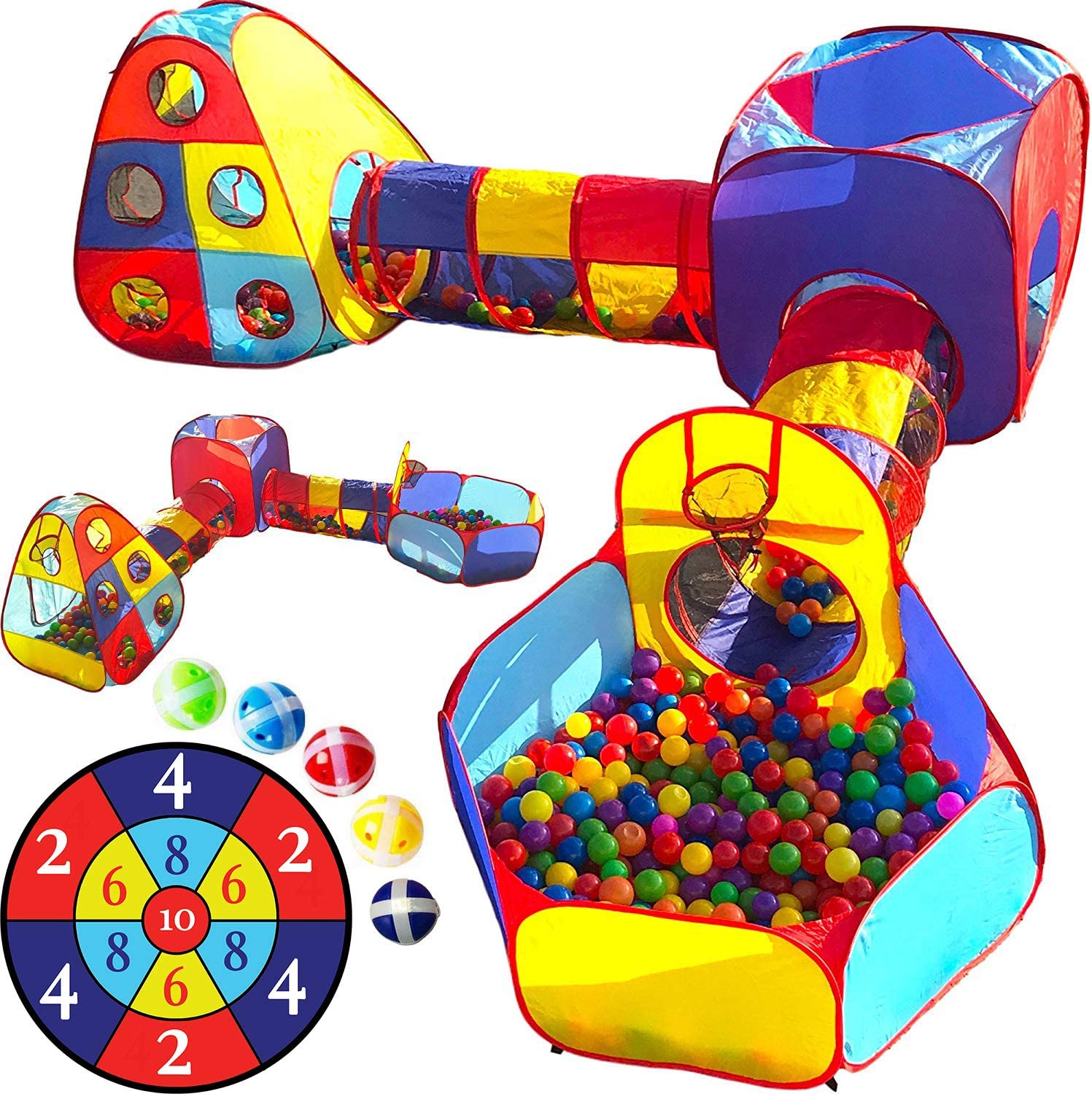 Playz 5pc Kids Playhouse Jungle Gym Ball Pit with Dart Board & 5 Sticky Balls - Fold Up Pop Up Tents. Tunnels & Basketball Pit Play Center for Boys. Girls. Baby. Toddlers w/ Travel Zipper Storage Bag