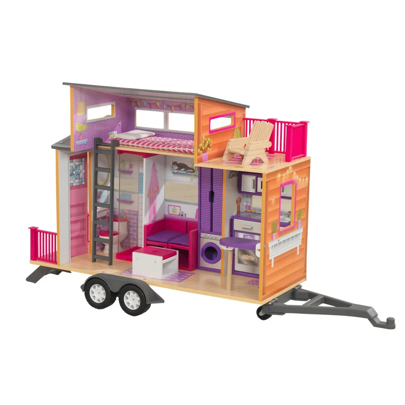 KidKraft Teeny House Wooden Dollhouse. Pull-Along with 10-Piece Accessories. for 12-Inch Dolls. Gift for Ages 3+