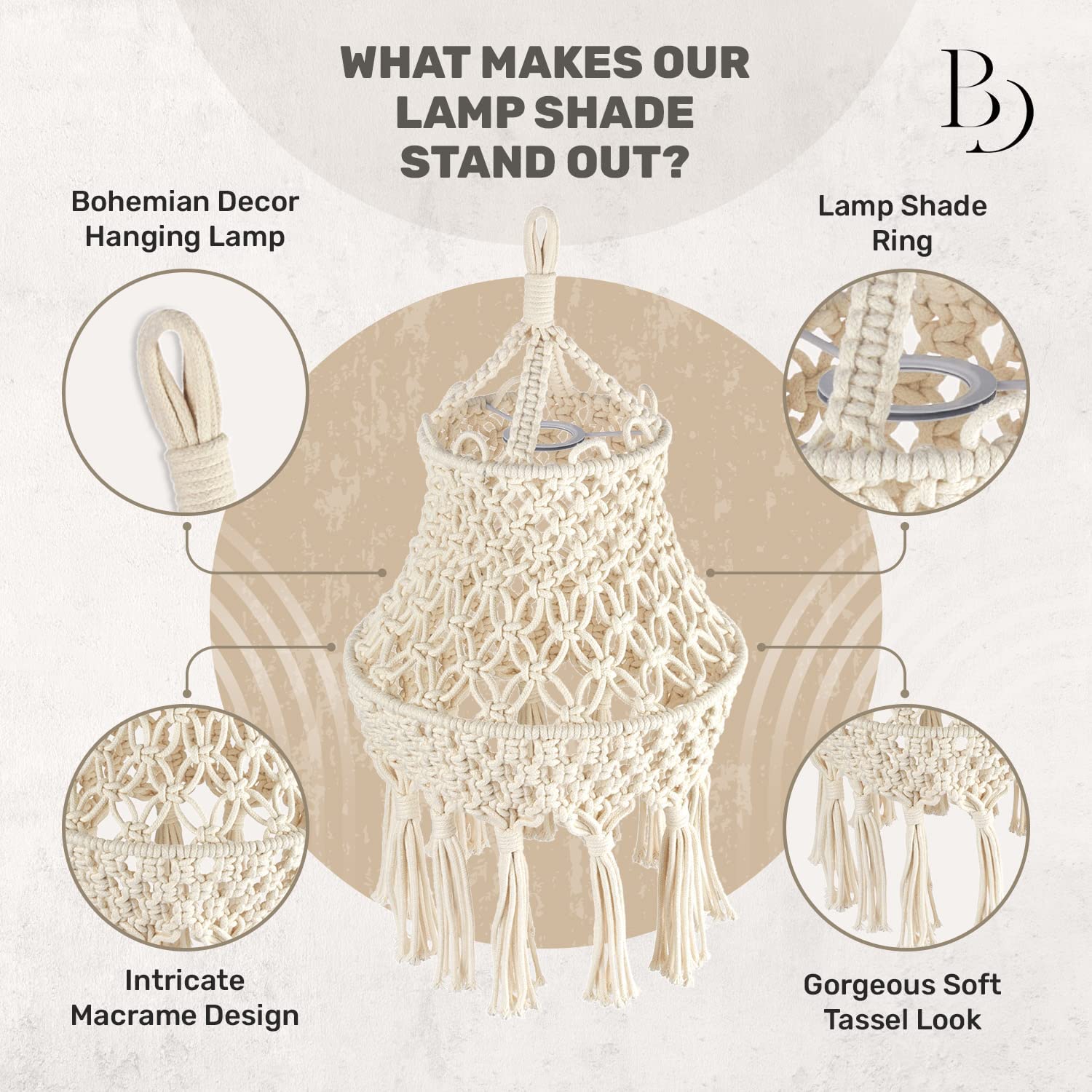 Bellini Boho Lamp Shade. Macrame Lamp Shade. Pendant Lamp Shade