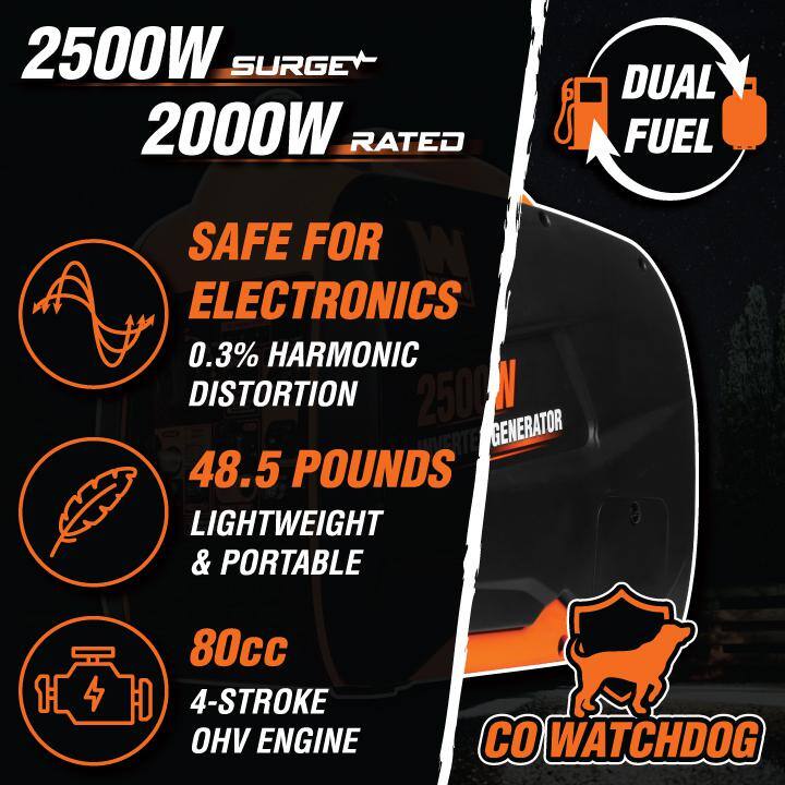 WEN DF250iX Super Quiet 2500-Watt Portable Dual Fuel Powered Inverter Generator with Recoil Start. Fuel Shut-Off and CO Sensor