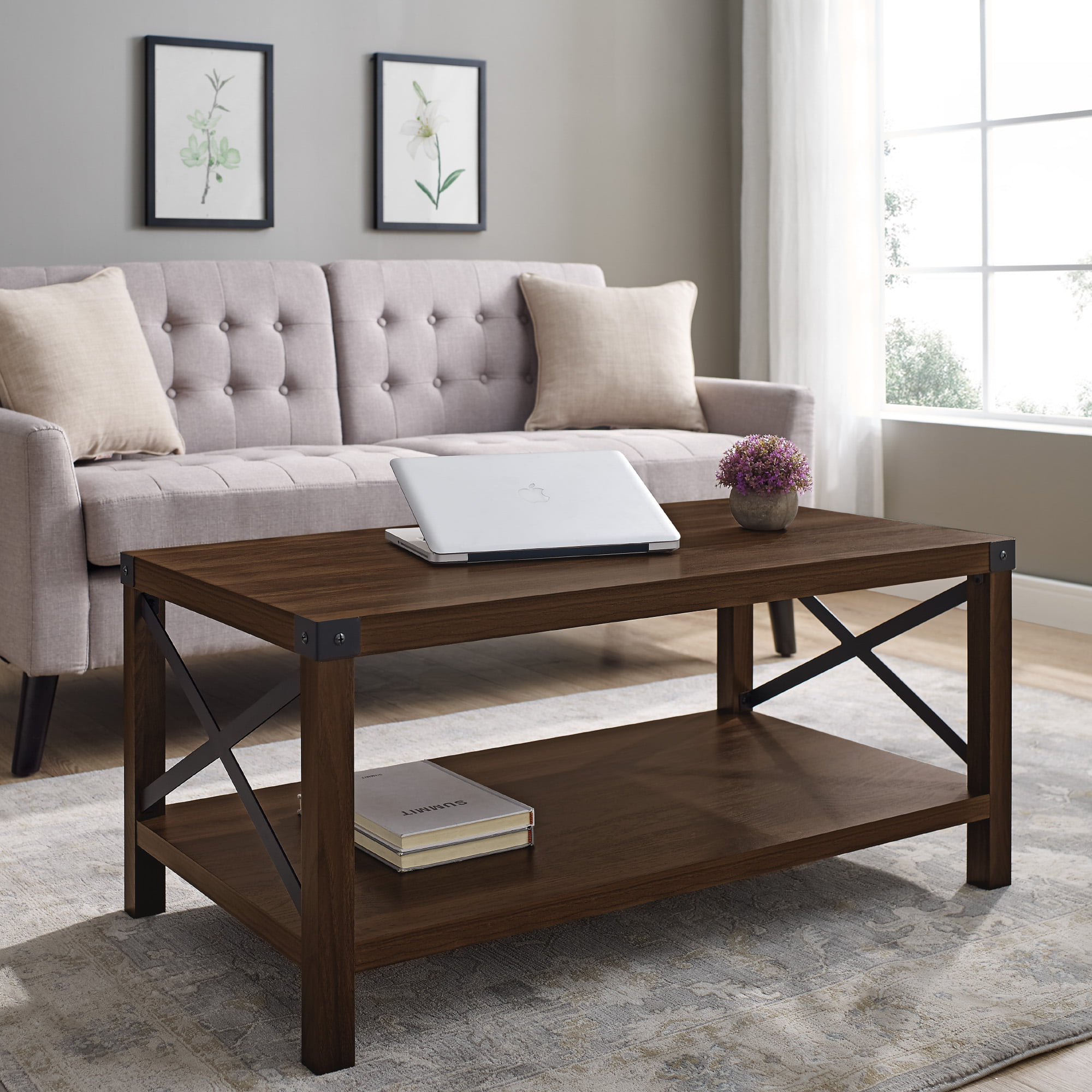 Desert Fields Magnolia Metal X Coffee Table. Dark Walnut