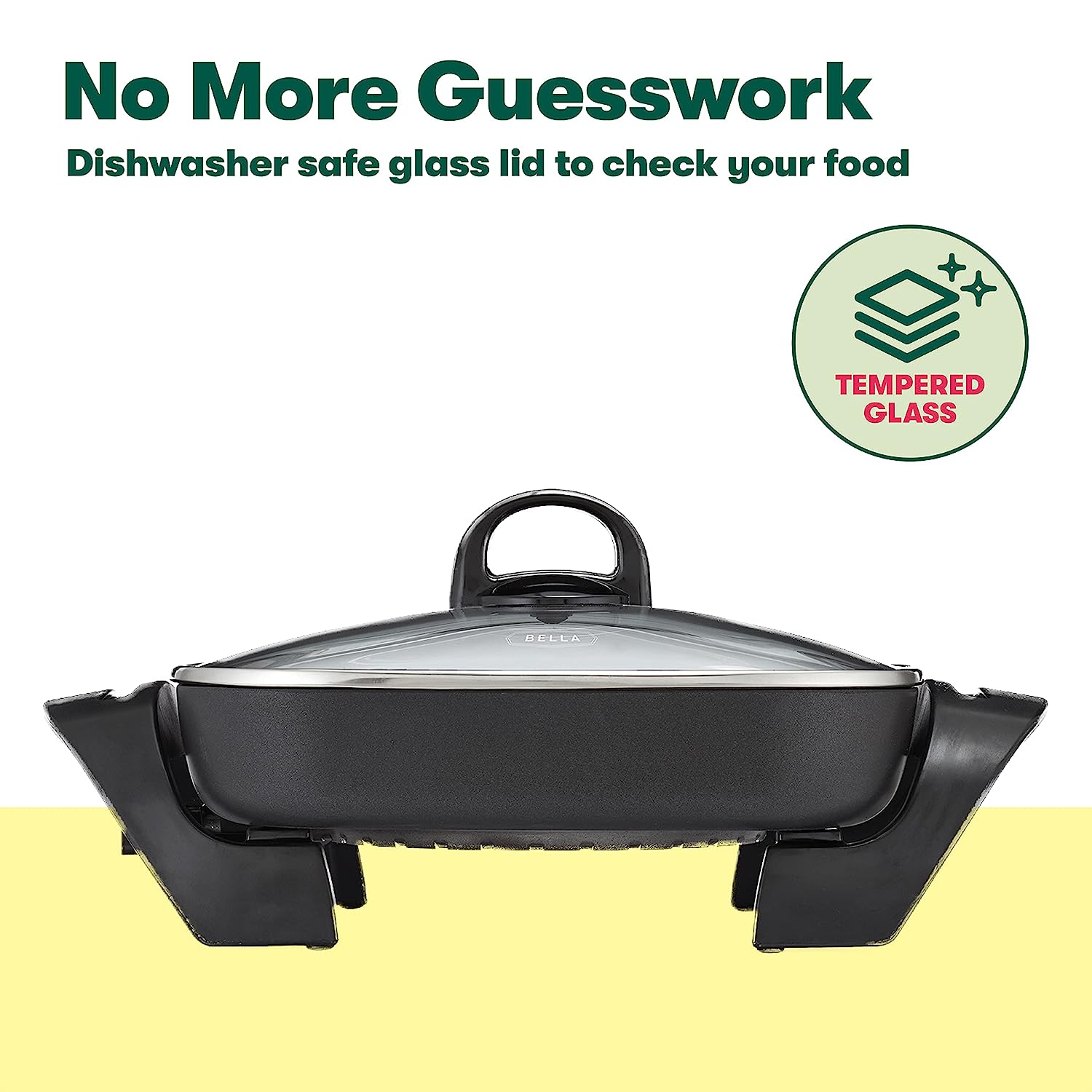 BELLA Electric Skillet and Frying Pan with Glass Lid. Nonstick Coating. Cool Touch Handles. Removable Heating Probe. Dishwasher Safe. 12 x 12 inch. Copper