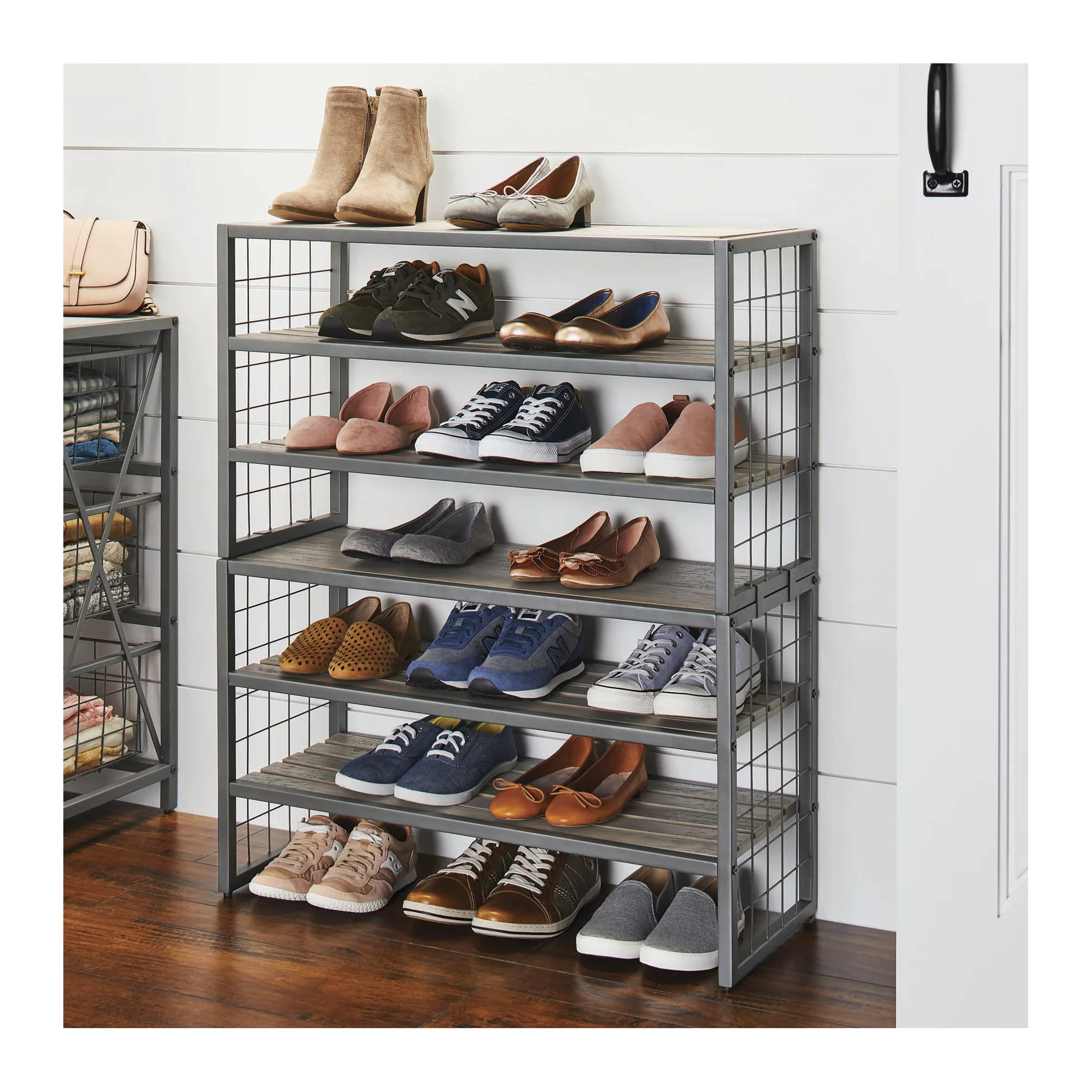 Better Homes & Gardens Farmhouse 3 Tiers.12-Compartment Garment Shoe Rack wood. Gray