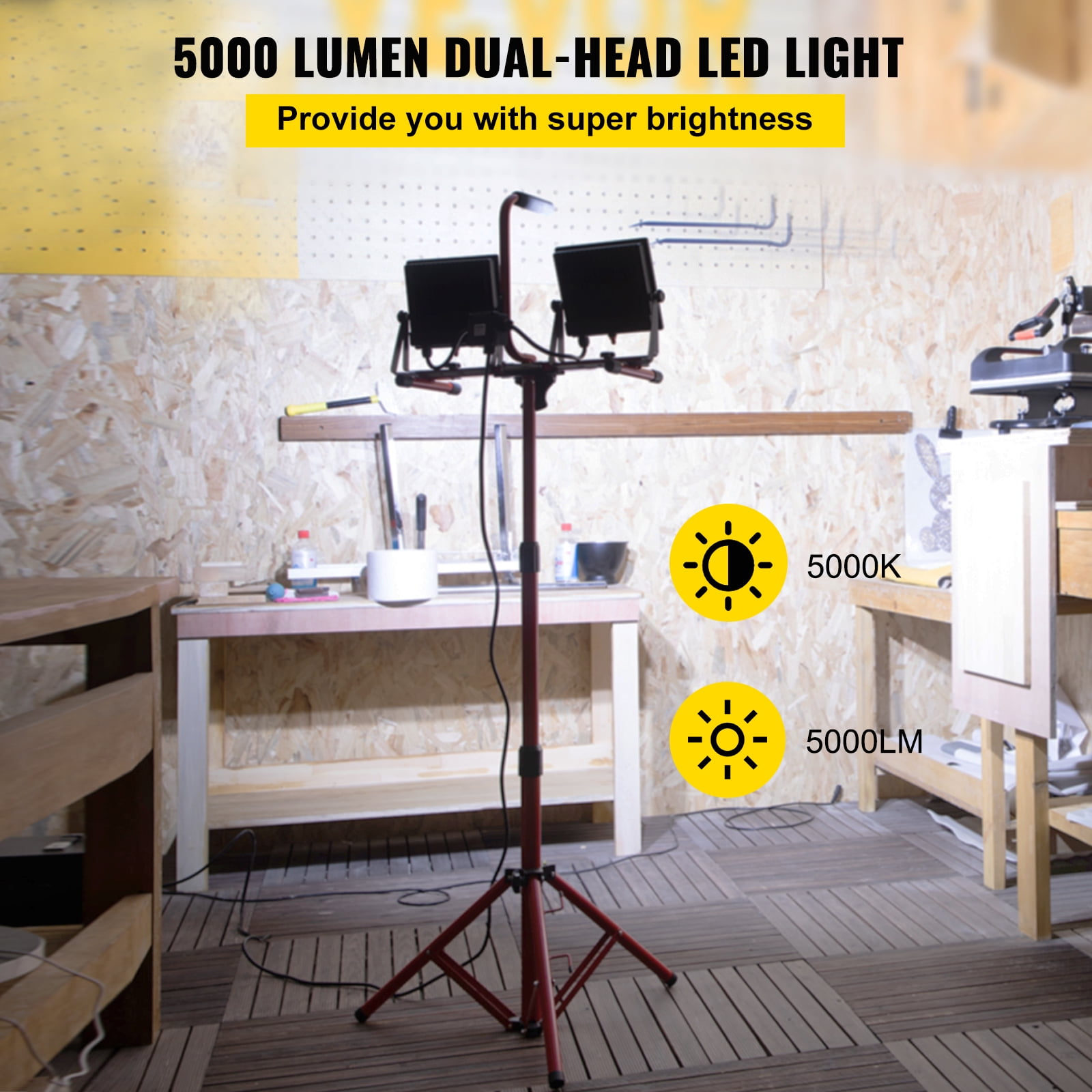 VEVOR LED Work Light with Stand. 5000 Lumen Dual-head LED Work Light with 27.6″-68.1″ Adjustable Tripod Stand. Waterproofed Outdoor Light Stand. 5000K Color Temperature